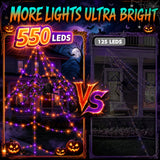 Halloween Decorations Outdoor Spider Web Lights - 550 LEDs Purple and Orange Remote Control Timer Plug in Giant Halloween Decor Cobwebs - 11 Modes Lighting Waterproof Yard Garden Party Decorations