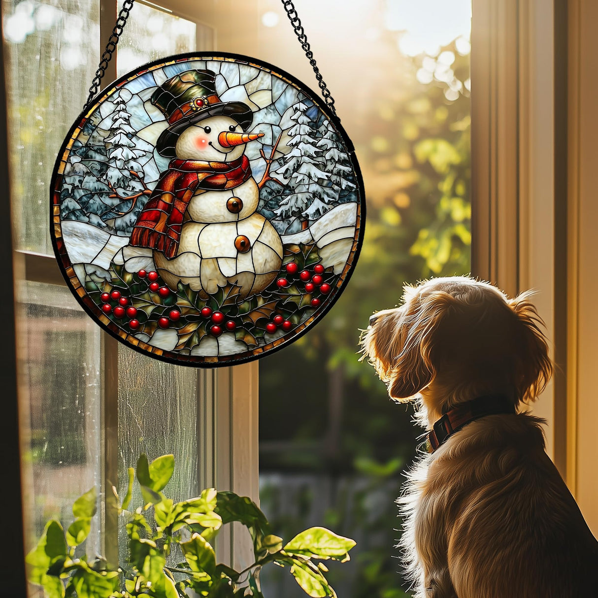 JOSUMALY Stained Glass Window Hanging - Christmas Snowman Suncatcher for Door Terrace Garden Home Decor Winter Forest Snow Sun Catcher Birthday Gifts for Lovers Women Men Dad Mom Nana 7.8 in