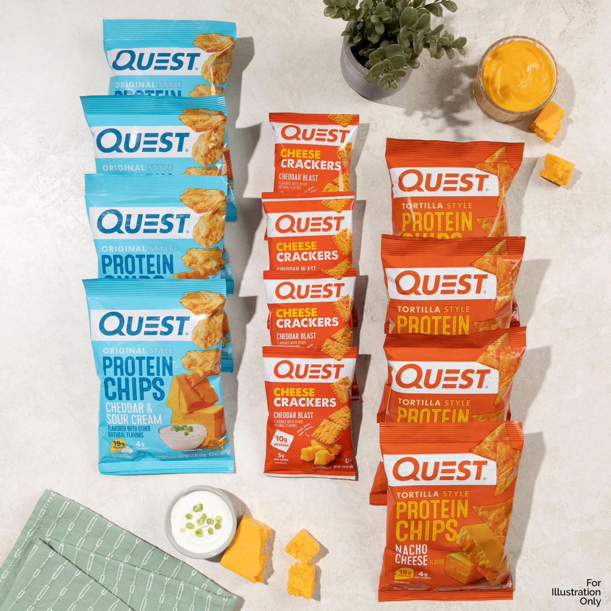 Quest Nutrition Cheese Lovers Variety Pack, Nacho Tortilla Style Protein Chips x4, Cheddar & Sour Cream Chips x4, Cheddar Blast Crackers x4, 12 Count