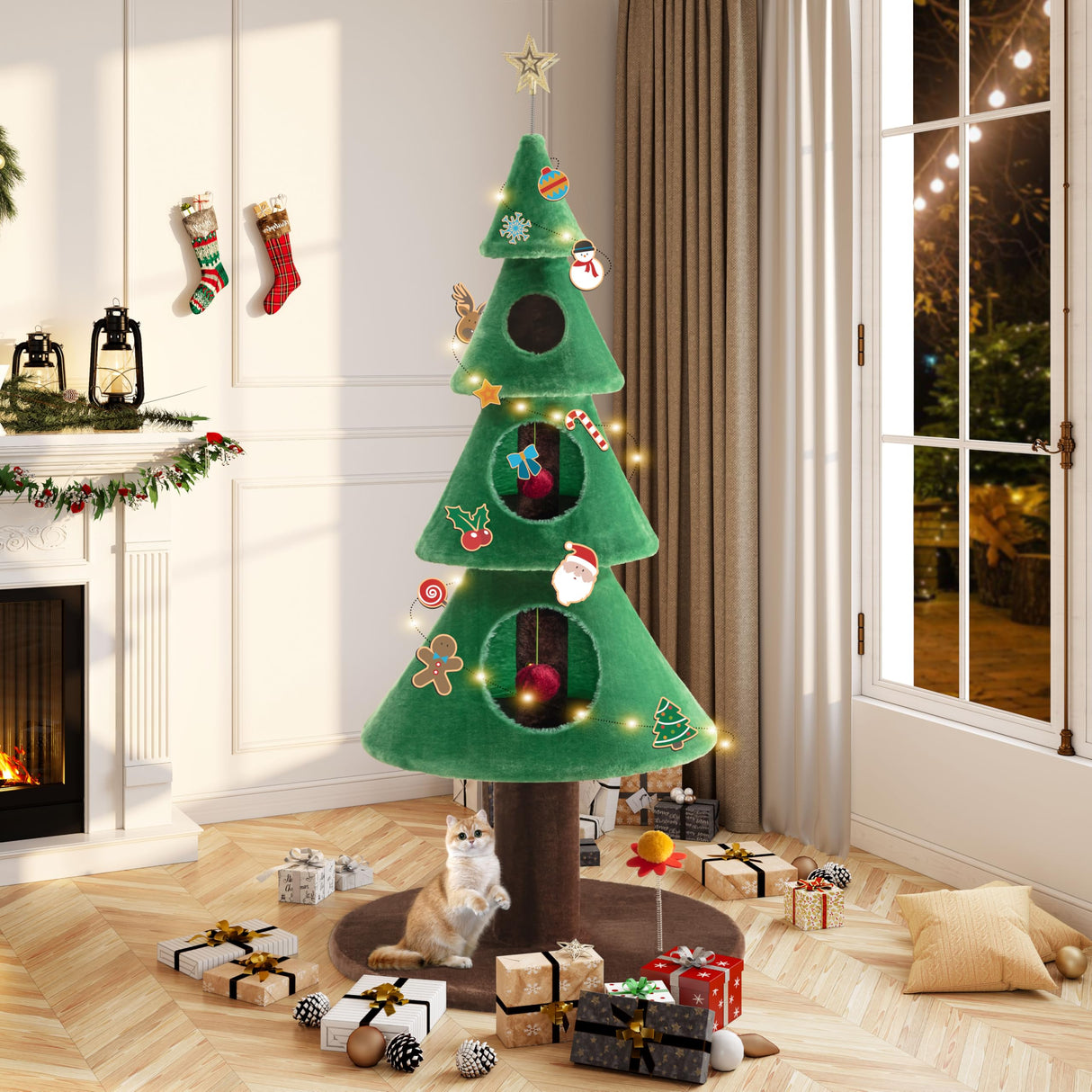 Allewie 63 Inches Cat Tree for Indoor Kitty/Tower with 3 Condos/ 5ft Christmas Tree Party Decoration/Activity Center Play House and Beds/Green