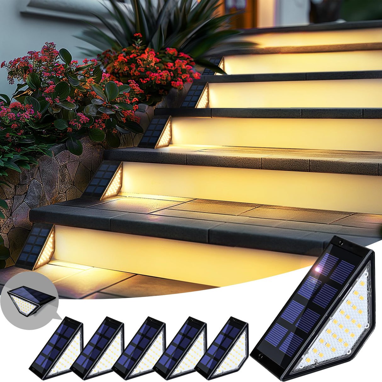 PATIOWIN 6 Pack Solar Step Lights for Outside, 24 LEDs Solar Stair Lights Waterproof IP65, Solar Deck Lights Outdoor Decor for Garden, Porch, Pathway, Patio, Fence, Balcony(Warm White)