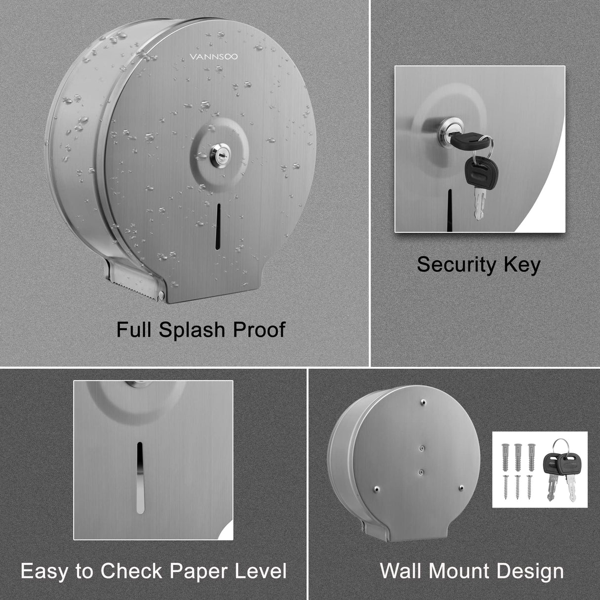 VANNSOO Commercial Jumbo Toilet Paper Dispenser, Wall Mount Stainless Steel 9 Inch Roll Toilet Paper Holder Bath Tissue Dispenser Lock Key (Brushed)