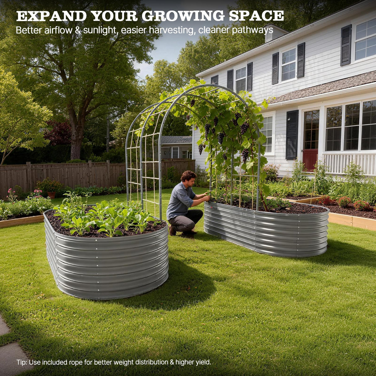 Anleolife 4x6ft Galvanized Garden Arch Trellis, Raised Beds and Vines