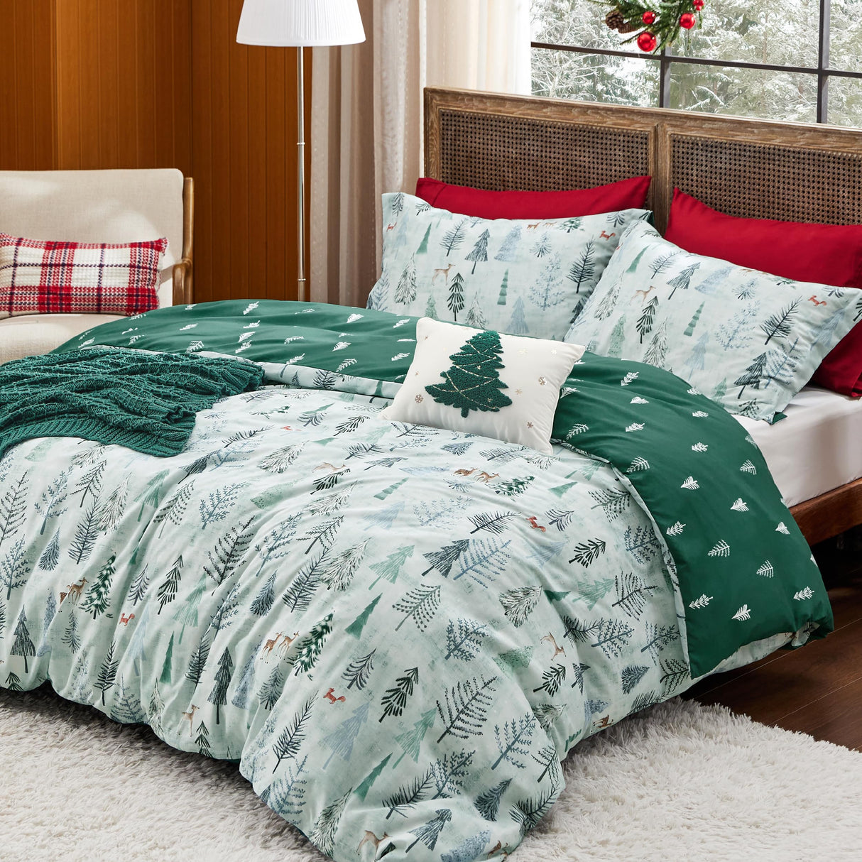 Bedsure King Size Christmas Duvet Cover - Green Forest Holiday Bedding Set, 5-Piece Collection Includes 1 Duvet Cover, 2 Pillow Shams, 1 Throw Blanket, and 1 Decorative Pillow (King, Green Forest)