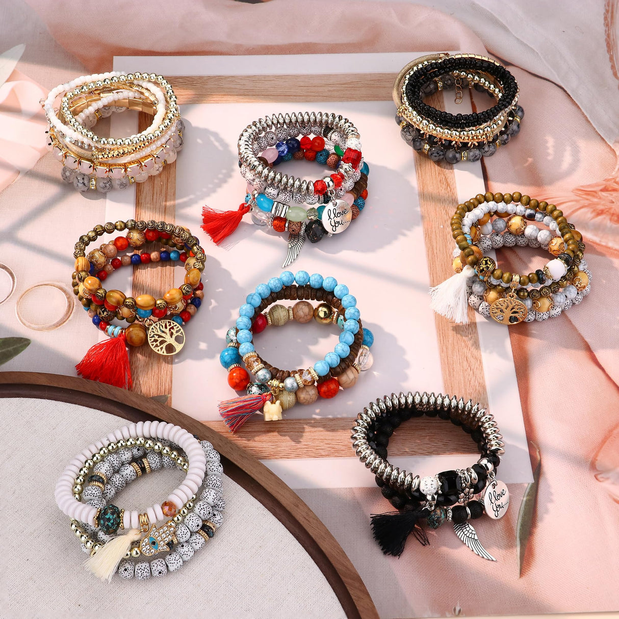 8 Sets Bohemian Stackable Bead Bracelets for Women Stretch Multilayered