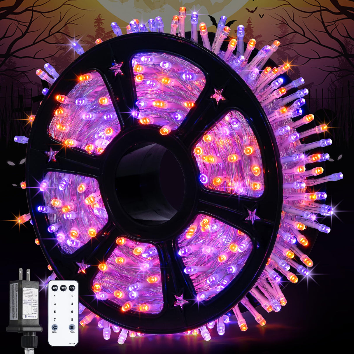 JMEXSUSS 600 LED Halloween String Lights Outdoor, Orange and Purple Halloween Lights Clear Wire, Twinkle String Lights Plug in for Tree Christmas Decorations