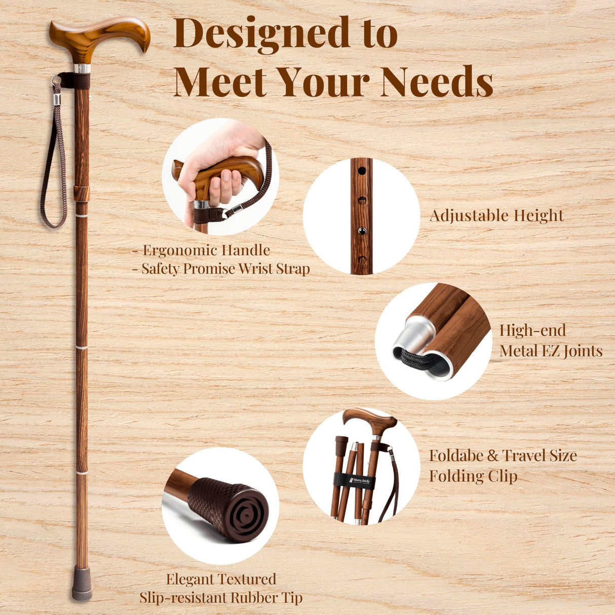 Merry Sticks Lightweight Foldable Walking Canes for Women and Men, Adjustable & Collapsible Walking Stick for Seniors, Balancing Mobility Aids, Ergonomic Handle & Wrist Strap - Sen Wood