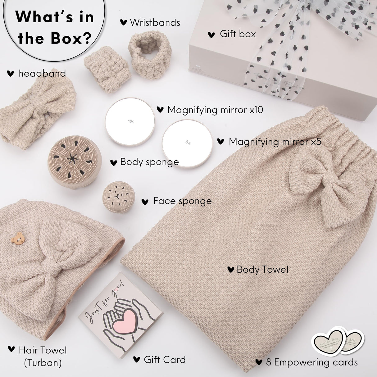 Happy Lolli Power Shower Gift Set: Luxury Bath Accessories Basket for Women & Teen Girls – Includes Body & Hair Towel, Wrist Bands, Headband, Face Sponge & More – Empower Your Routine (Fresh in Beige)