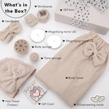 Happy Lolli Power Shower Gift Set: Luxury Bath Accessories Basket for Women & Teen Girls – Includes Body & Hair Towel, Wrist Bands, Headband, Face Sponge & More – Empower Your Routine (Fresh in Beige)