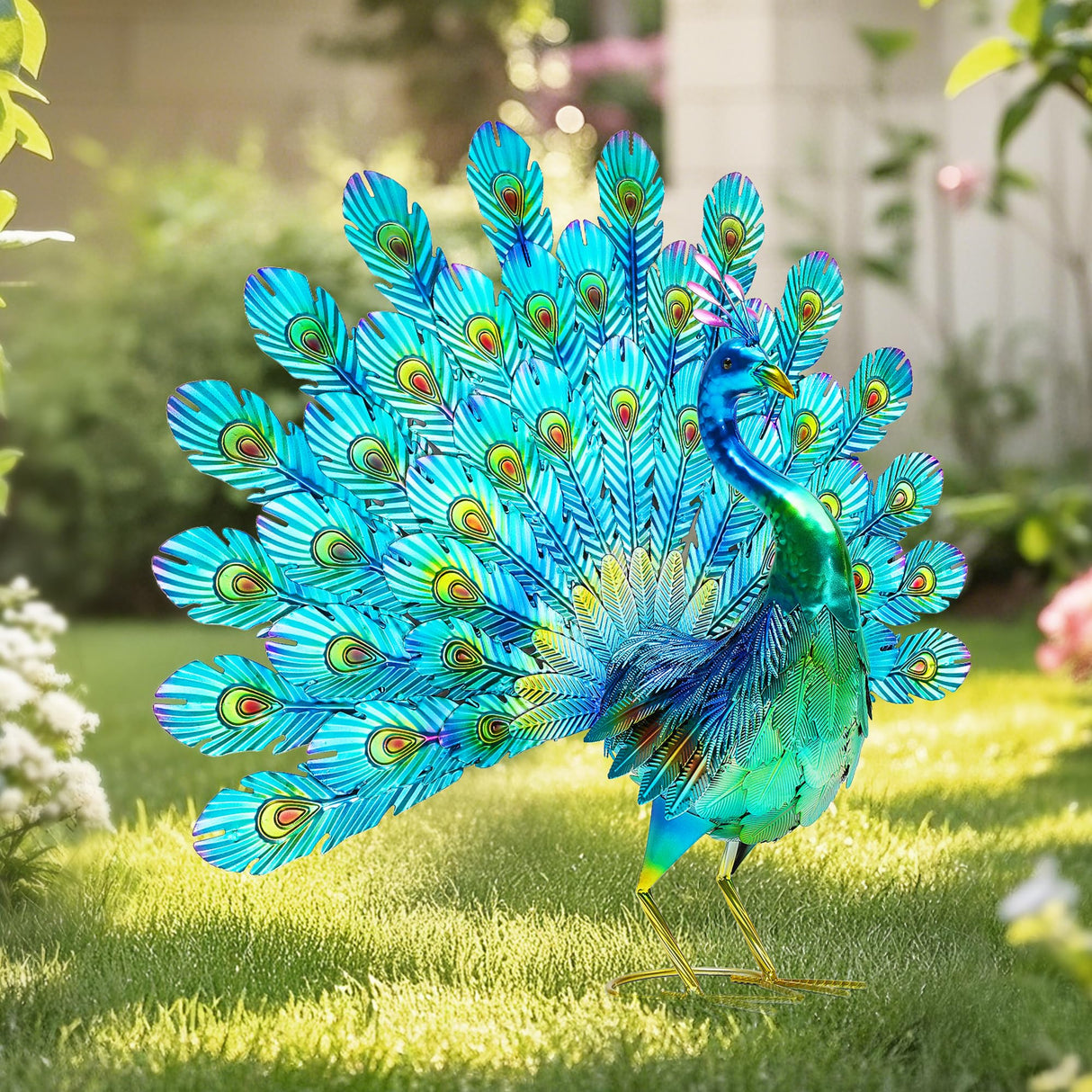 Autodaya 27.5" Metal Peacock Garden Statue with Spread Tail Yard Art