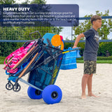 Beach Cart Balloon Wheel Deluxe Heavy Duty Folding Ocean Utility 13” x 7” Sand Wheels Holds 4 Folding Chairs Umbrella Holder Removable Beach Bag Blue Striped Pattern