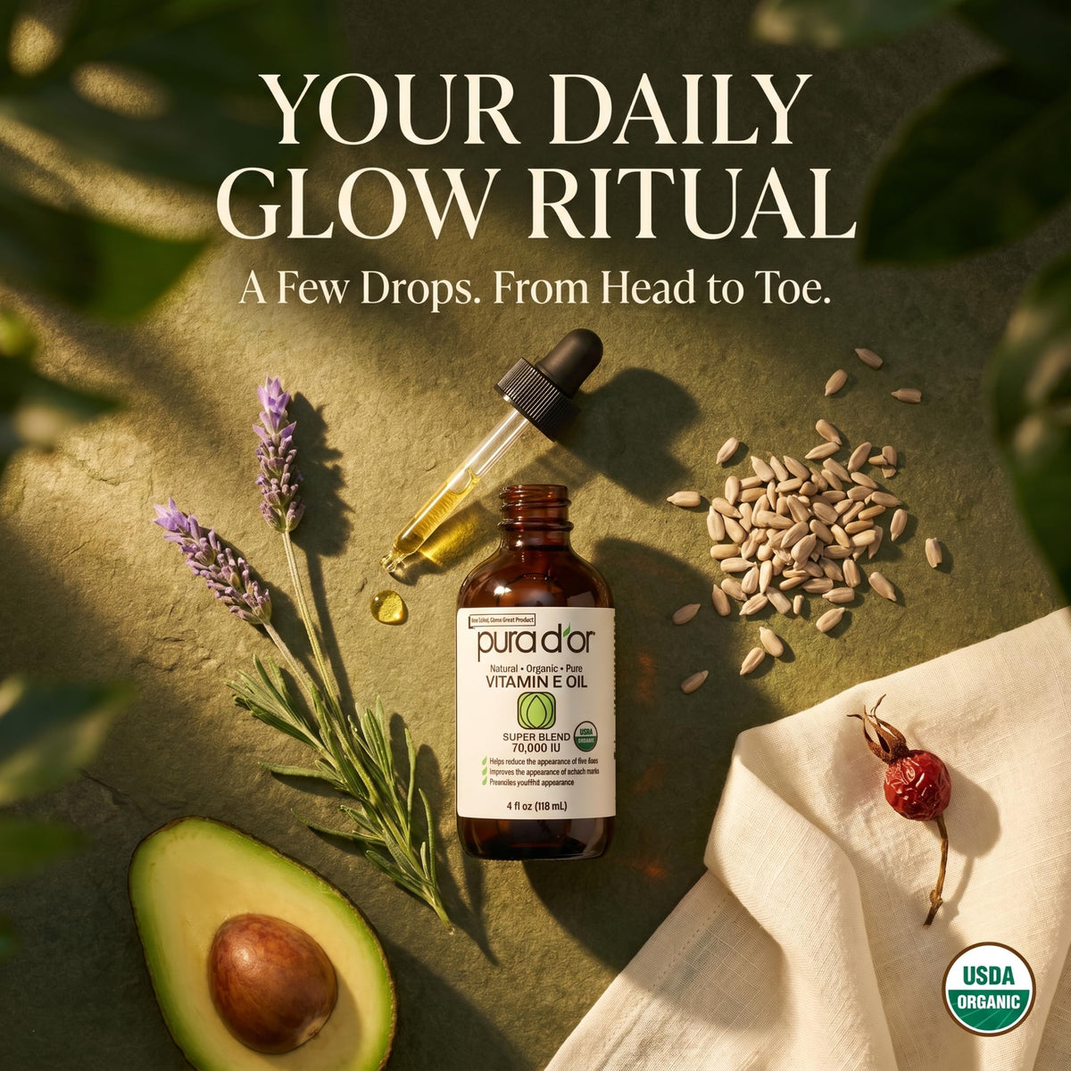 PURA D'OR ORGANIC Vitamin E Oil 70,000 IU for Face, Ayurvedic Skin Care 4oz