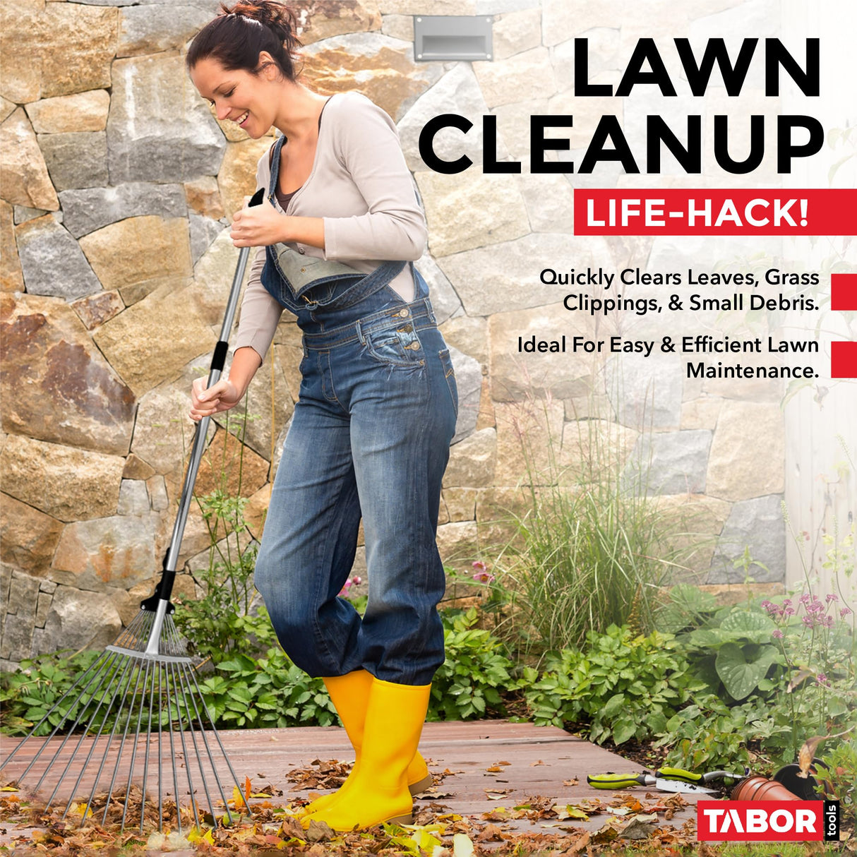 TABOR TOOLS J16A Adjustable Metal Rake with Expandable Head 8-23", Collapsible & Telescopic Leaf Rake for Lawns, Garden & Yard, Ideal for Leaves, Shrubs & Small Areas