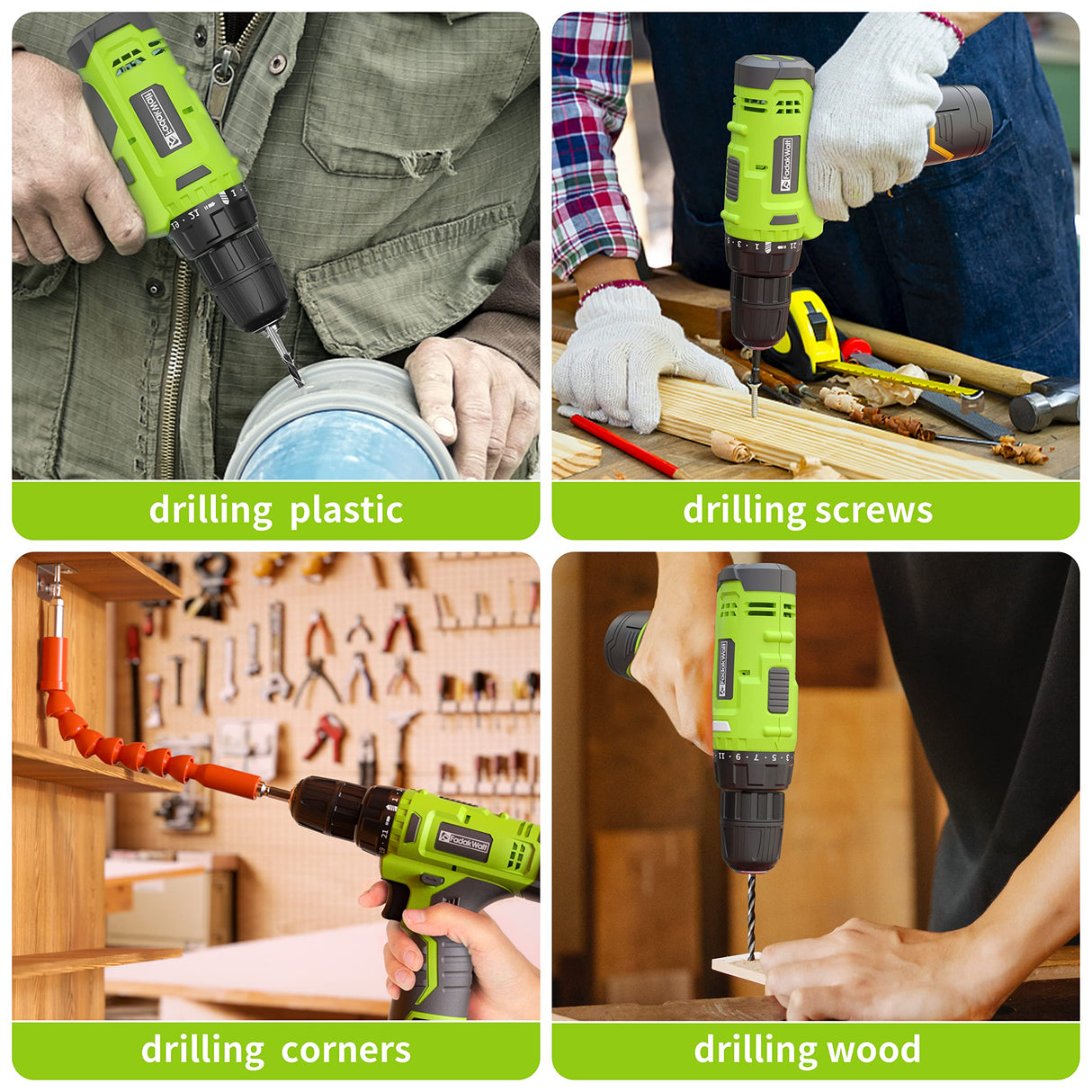 FADAKWALT Cordless Drill Set,12V Power Drill Set with Battery and Charger, Electric Driver/Drill Bits, 3/8'' Keyless Chuck,21+1 Torque Setting, 180 inch-lbs, with LED Electric Drill Set (Green)
