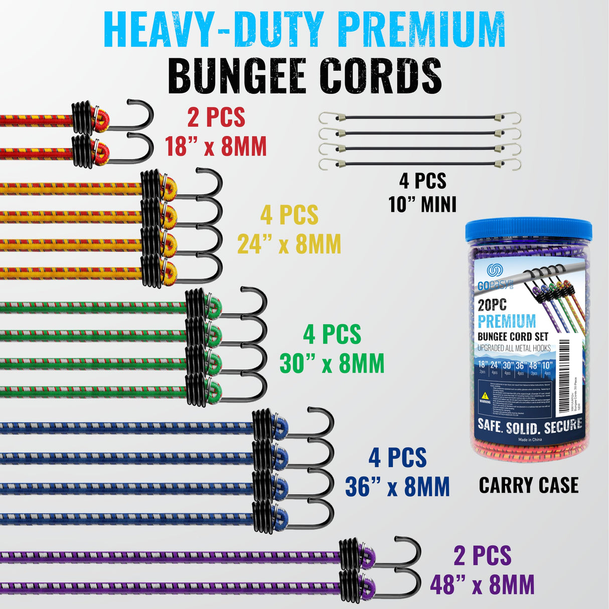 GOEASY0312 Premium Bungee Cords Heavy Duty - 20 pcs Bungee Cords with Hooks in A Storage Jar Includes 10", 18", 24", 30", 36", 48" Bungie Cord Bundle