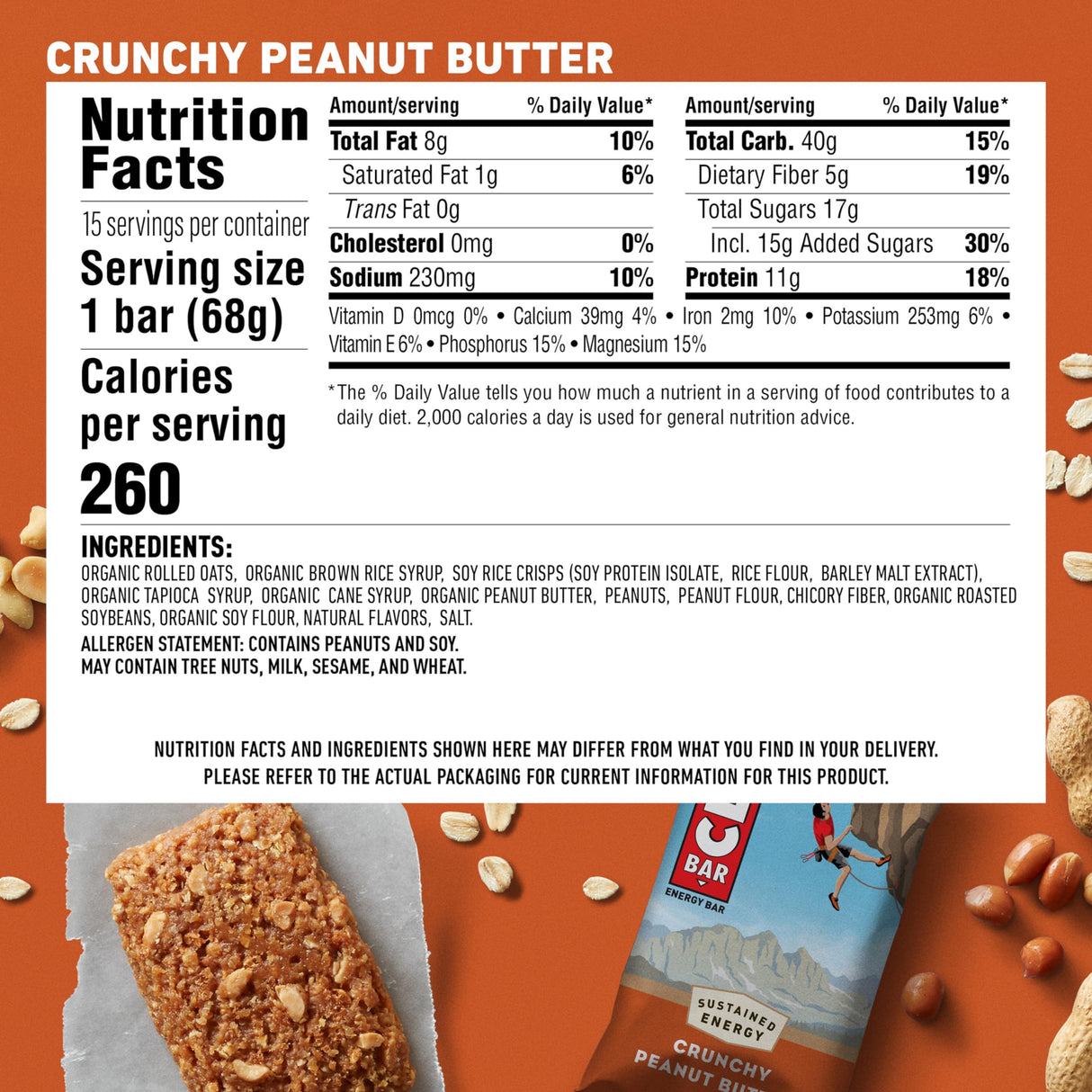 CLIF BAR - Protein Bars - Crunchy Peanut Butter - Made with Organic Oats - Energy Bars - Non-GMO (15 Pack)