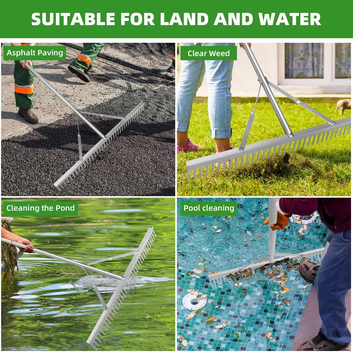 Landscape Garden Rake 36" Head Aluminum Heavy Duty Rake for Leaves Weed with 69" Long Handle for Loosening Soil Lawn Care Weeding Landscaping Tools