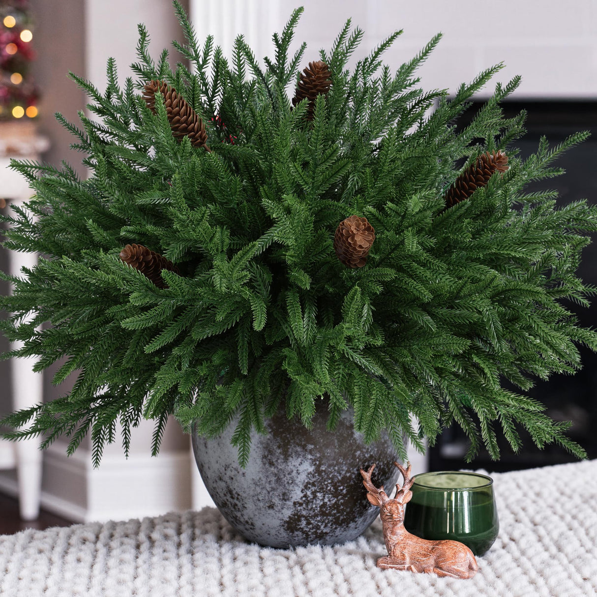 HyeFlora 19 Inch Christmas Norfolk Pine Stems, 12PCS Real Touch Faux Cedar Pine with 5PCS Big Pine Cones Branches, Artificial DIY Greenery Stems Plastic Picks for Vase Indoor Outdoor Home Garden Décor