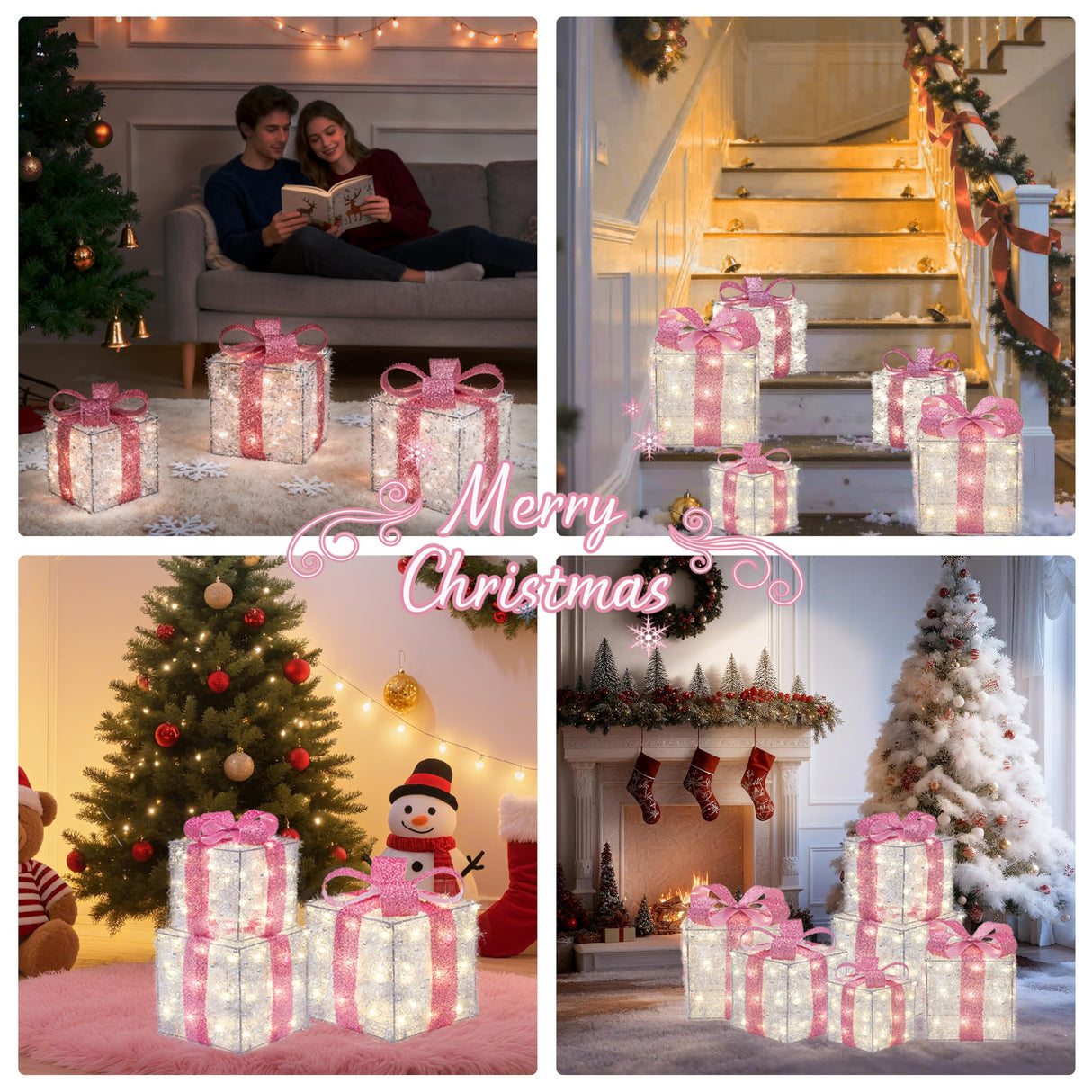 Christmas Decorations, 140 LEDs Set of 3 Lighted Gift Boxes with Silver Tinsel and Pink Bows, Warm White Present Boxes for Indoor Outdoor Holiday Party Yard Bedroom Home Xmas Decor