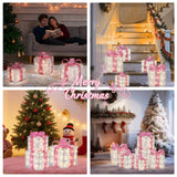 Christmas Decorations, 140 LEDs Set of 3 Lighted Gift Boxes with Silver Tinsel and Pink Bows, Warm White Present Boxes for Indoor Outdoor Holiday Party Yard Bedroom Home Xmas Decor