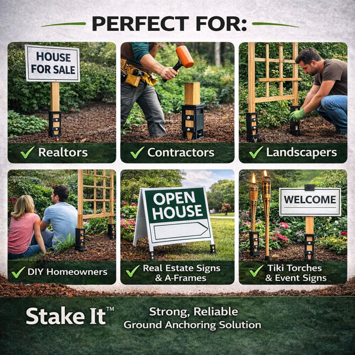 Stake It Garden Stake Anchors | No-Dig Trellis Support | 12-Inch 2-Pack