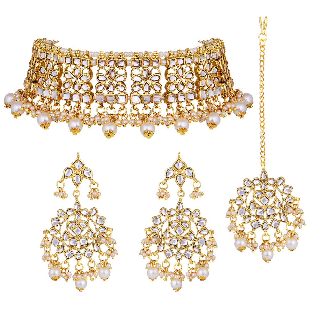 Aheli Indian Faux Kundan Studded Choker Necklace with Maang Tikka Earrings Ethnic Wedding Festive Fashion Bharatanatyam jewellery set Gift for Women