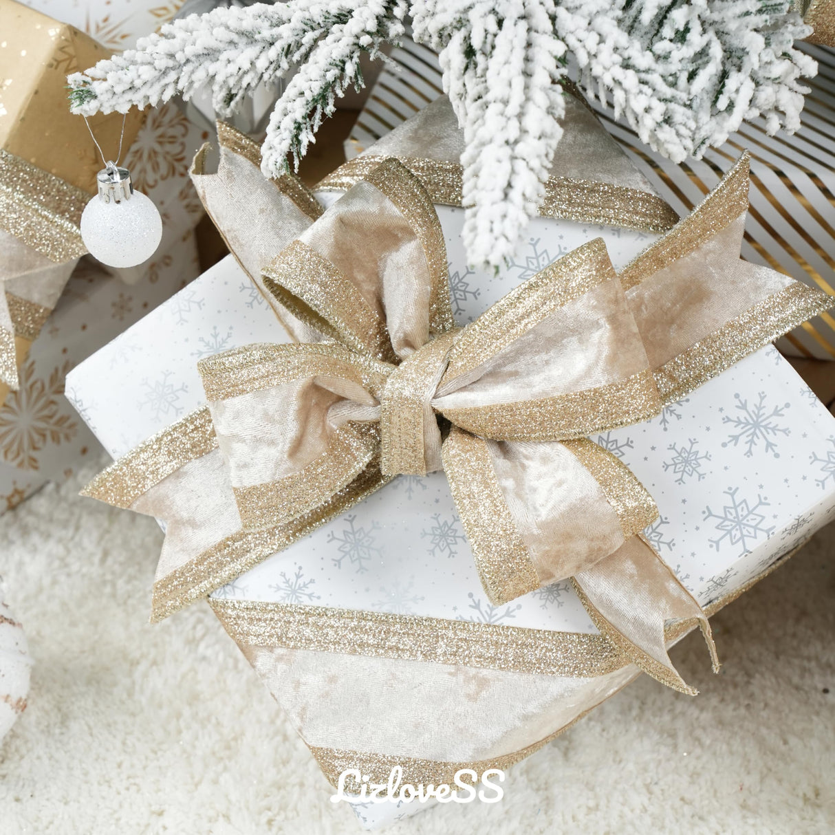 LIZLOVESS Champagne Gold Velvet Wired Ribbon 2.5" X 10 Yards with Glitter Border Stripe Christmas Ribbon for Tree, Wreath Supplies, Garlands Making