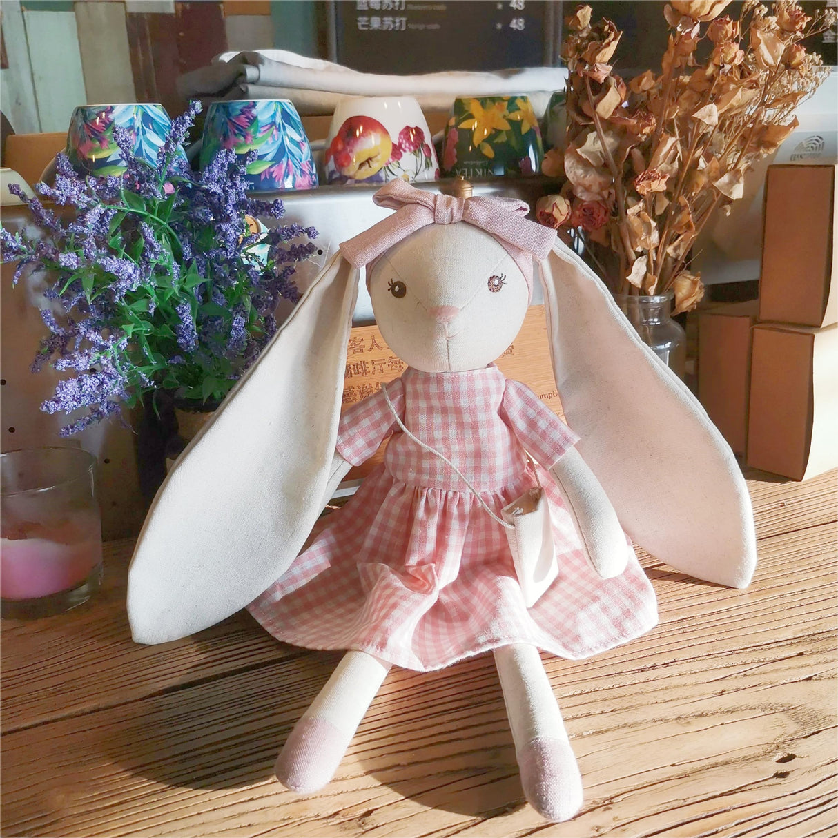 Mikee Fluffie 15" Bunny Stuffed Animal for Girls, Plush Toy Doll -Wearing Pink Plaid Dress,Cute Doll Set Dress Up for 3 4 5 Year Old Girl - Gift for Little Girl, Birthday, Easter,Christmas…