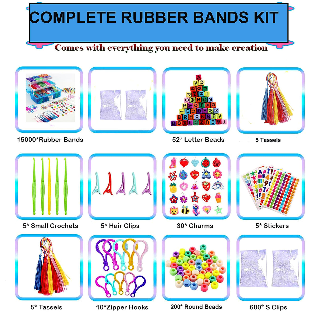 YITOHOP 15000+ Rubber Loom Bands, Mega Rubber Bands Bracelet Kit,Loom Bracelet Making Kit with 3 Layer Container,30 Colors,380 Beads,30 Charms,Clips, Hooks Tools for DIY Art Christmas Holiday Gift