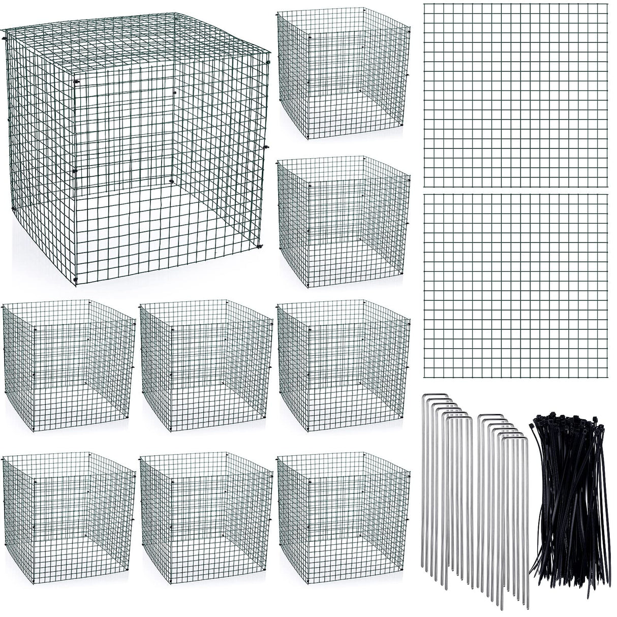 Zubebe 10 Pack Small Wire Plant Protectors Square Plant Protectors from Animals Mesh Cage Chicken Wire Cloche for Shrubs with Ground Stakes and Nylon Ties(Thickness 1mm,Dark Green)