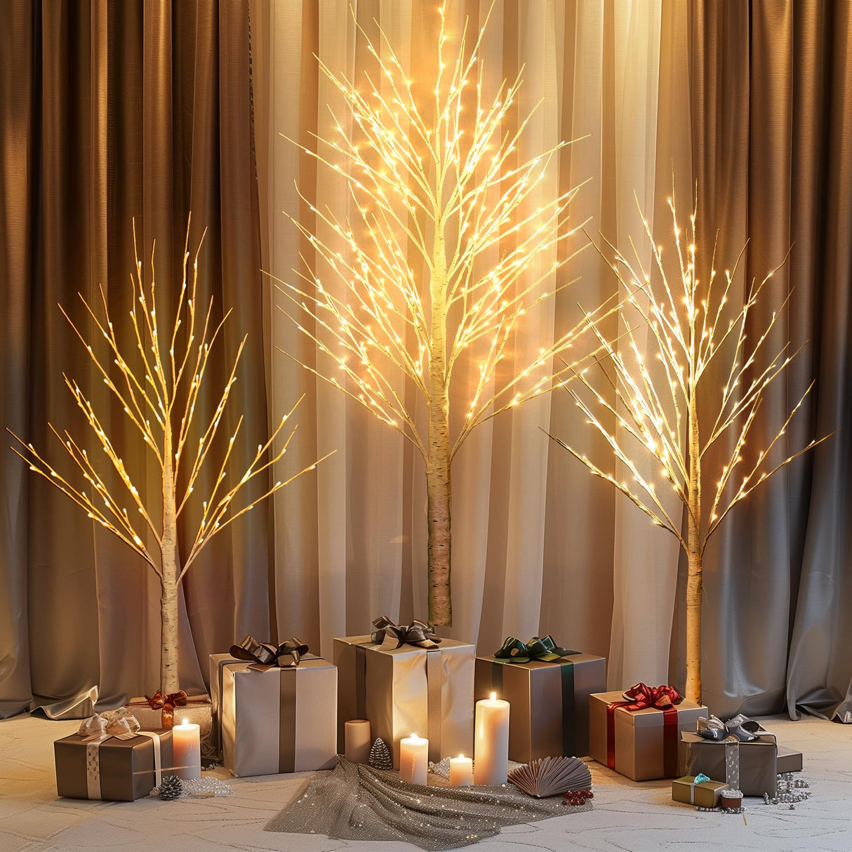 Dazzle Bright 3 Pack Light up Birch Tree, 4FT 96 LED/ 6FT 120 LED/ 8FT 240 LEDs Pre lit Birch Christmas Tree for Xmas Indoor Outdoor Home Party Garden Decor