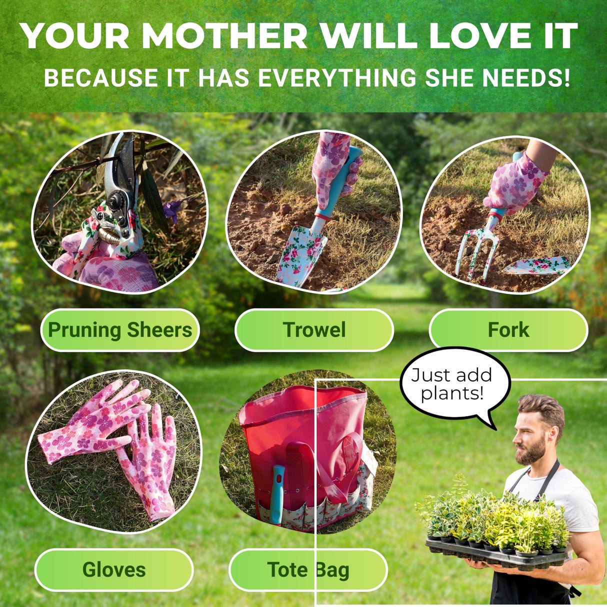Nature Anywhere Gardening Tools for Women – Garden Tool Set, 5 Piece Gardening Kit with Garden Bag, Gloves, Shears & Trowel, Gardening Gifts for Women, Garden Tool Kit with Garden Tote Organizer