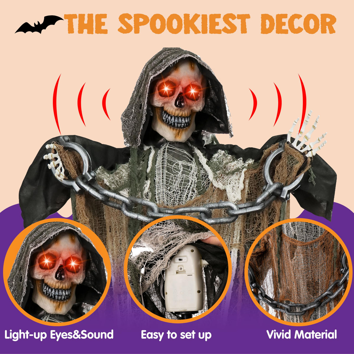 JOYIN Halloween Decorations Outdoor Life Size Animatronics Grim Reaper with Chain, Sound-Actived Party Decor with Creepy Sound, Scary Haunted House Props for Garden Yard Lawn