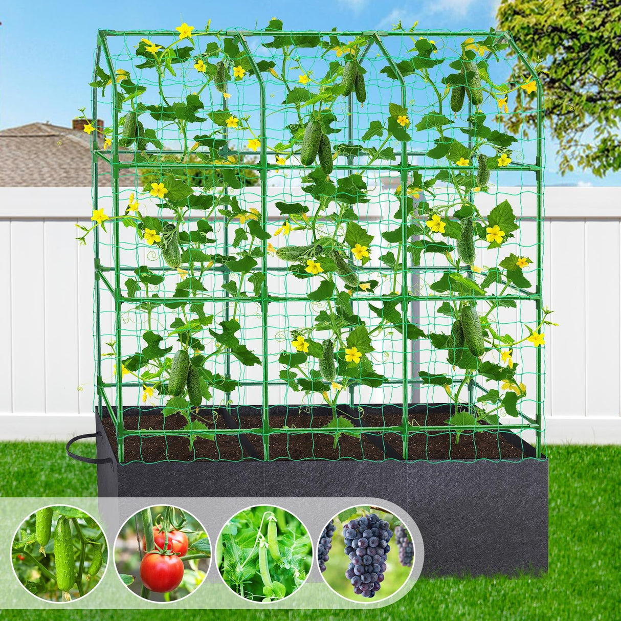 66x65x18 Inch Cucumber Trellis for Raised Bed - with 61 Gallon Grow Bags, Garden Trellis for Climbing Plants Outdoor with Climbing Net and Plant Support for Cucumber, Tomato, Vegetable, Grape, Vine
