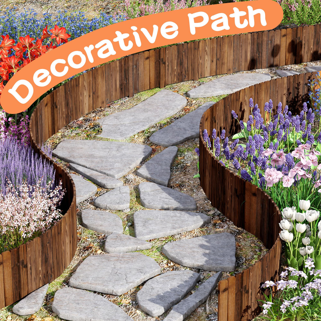 GHWIE Wooden Garden Fence Wood Garden Edging Border Decorative Landscape Border Edging,Planting Tree Fence Yard Patio Path Edging Landscape Edging Flower Bed Fences-11.8'' H x 48'' L (1PACK)