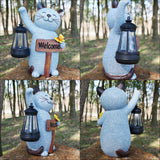 Juegoal Garden Statue Solar Cat Figurine with LED Lantern, Mothers Day 10" Resin Kitten Hold Welcome Sign, Outdoor Whimsical Lawn Porch, Lighted Housewarming Birthday for Mom Grandma