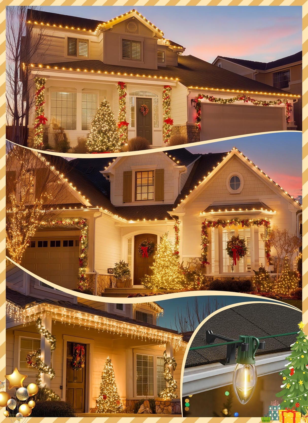 Universal Christmas Lights Shingle Clips, 100 Count All in One Gutter Clips, Shatterproof All Purpose for C7/E12, C9/E17, Mini String, Rope Lights, Christmas Decorations, Black