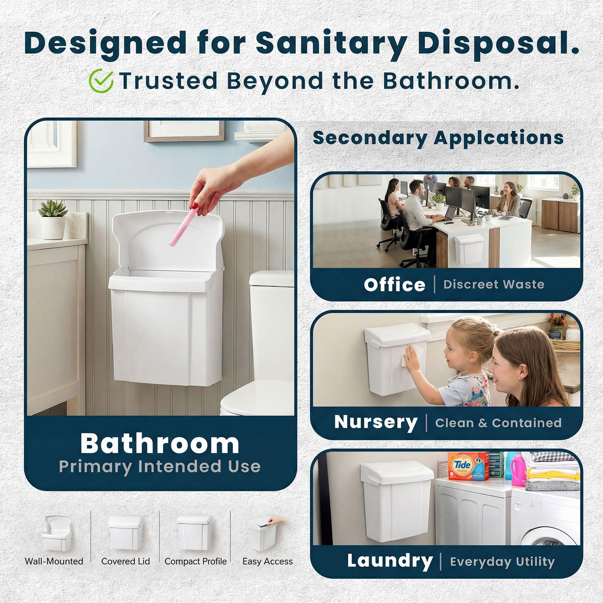 Alpine Sanitary Napkin Receptacle - Feminine Hygiene Disposal Container, Wall Mounted Trash Can with Odor Control Seal & Installation Hardware (White)