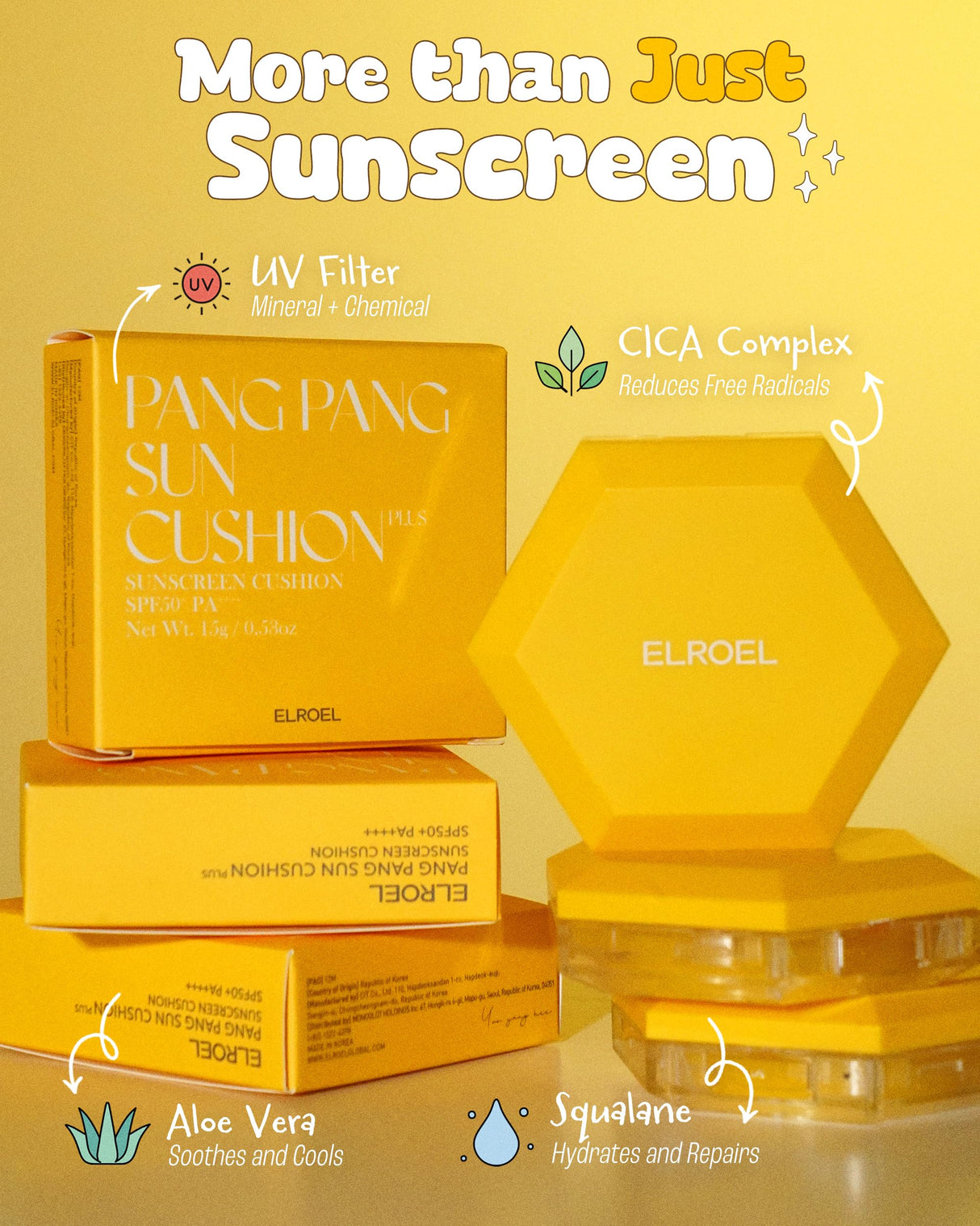 ELROEL Pang Pang Sun Cushion Plus - Korean Hypoallergenic & Lightweight Sunscreen with Puff Sponge - Broad Spectrum SPF50+ PA++++ (0.53 oz)