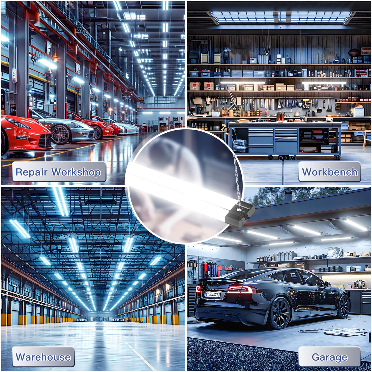 BBOUNDER 4 Pack Linkable LED Utility Shop Light, 4400 LM, Super Bright 6500K Cool Daylight, 4 FT Integrated Fixture for Garage, 40W Equivalent 250W, Surface + Suspension Mount, Black