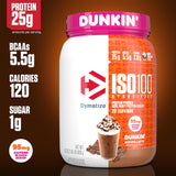 Dymatize x Dunkin' Mocha Latte ISO100 Whey Protein Powder, 95mg Caffeine, 25g of Protein, 20 Servings, 5.5g BCAAs, 120 Cal., Gluten Free, 1g Fat, 1g Sugar, 3g Carb