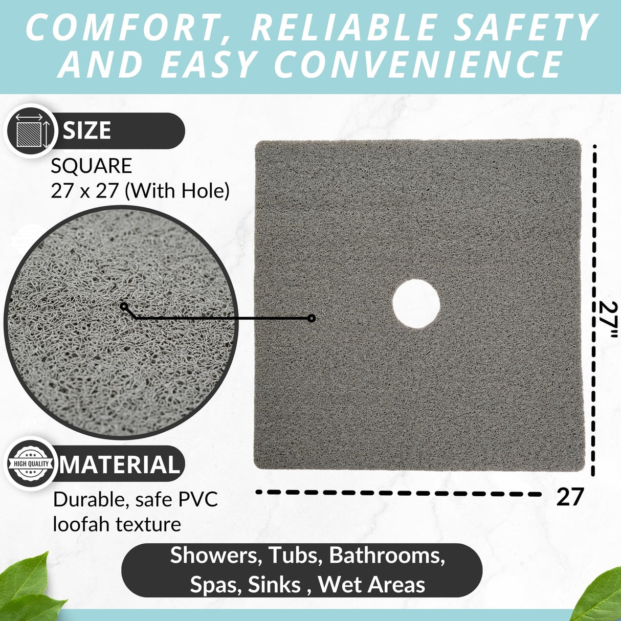 Enkosi Loofah Shower Mat with Drain Hole – Cushioned Anti-Slip Square Bath Mat for Showers, and Bathroom Floors – Textured PVC, Non Slip Safety Pad for Walk-in Stalls and Wet Areas (27x27 Grey)