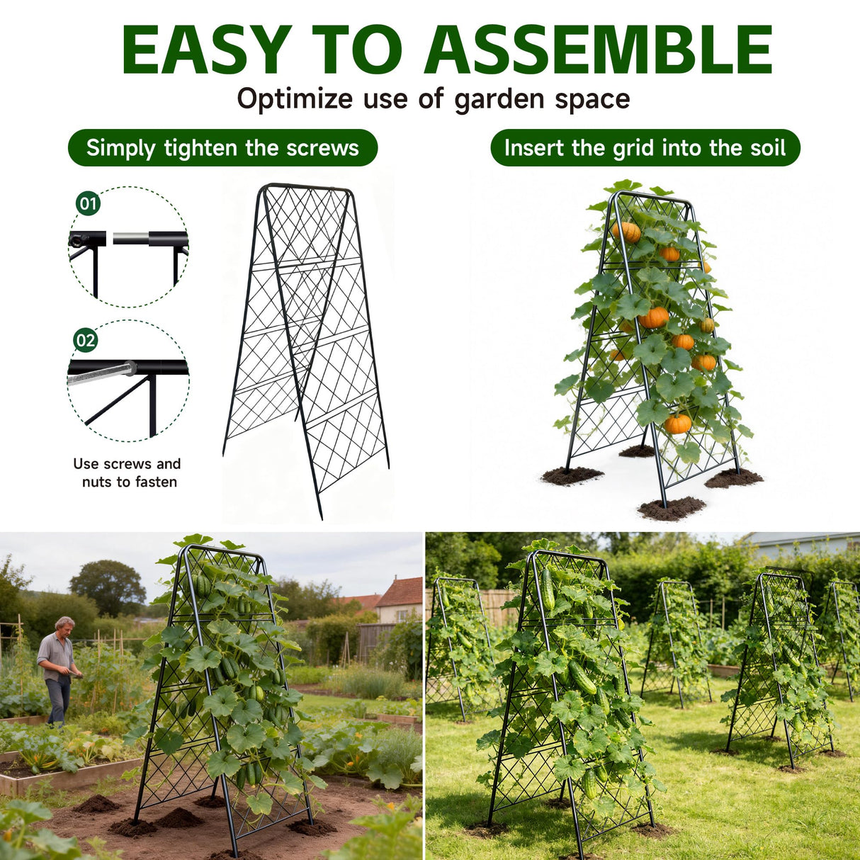50"x17" Heavy Duty Metal Garden Trellis - Rust-Proof A-Frame Cucumber Trellis with High-Density Rhombus SteelGrats for Climbing Plants, Tomatoes & Raised Beds, Outdoor Use (2 Pack)