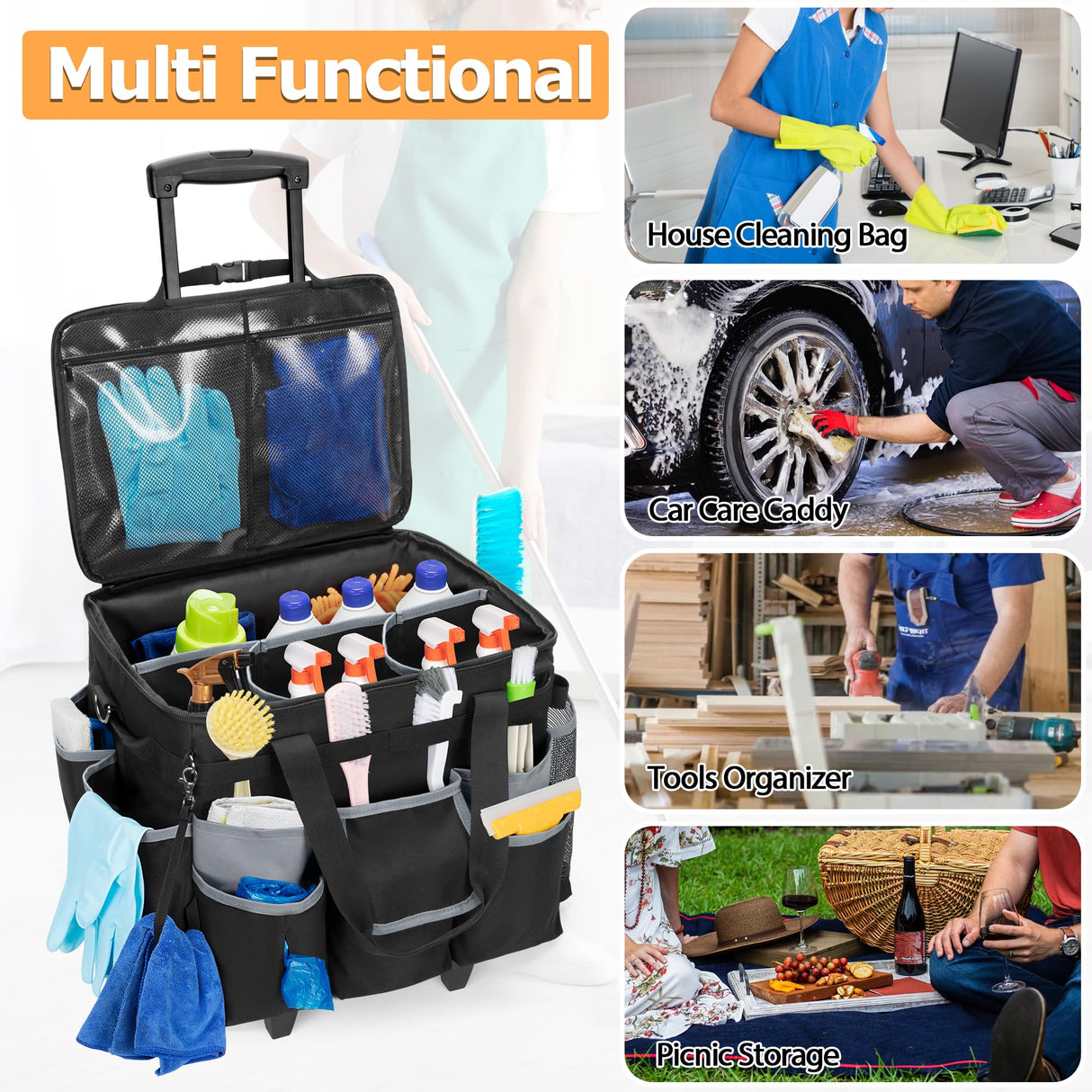 HODRANT Large Rolling Cleaning Caddy with Detachable Trolley & Lid, Cleaning Cart on Wheels with Shoulder Strap & Handles, Cleaning Supplies Organizer with Multi Pockets for Cleaning Tools Storage