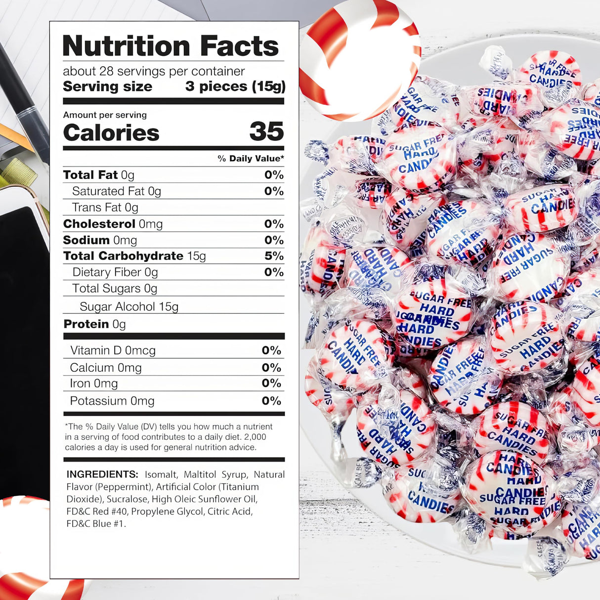 Arcor Starlight Peppermint Sugar Free Hard Candy - 2 Pounds Approx 150 - Sugar Free Candy, Peppermint Candy - Bulk Candy Individually Wrapped - Christmas Candy Bulk- Ideal for Holiday Season