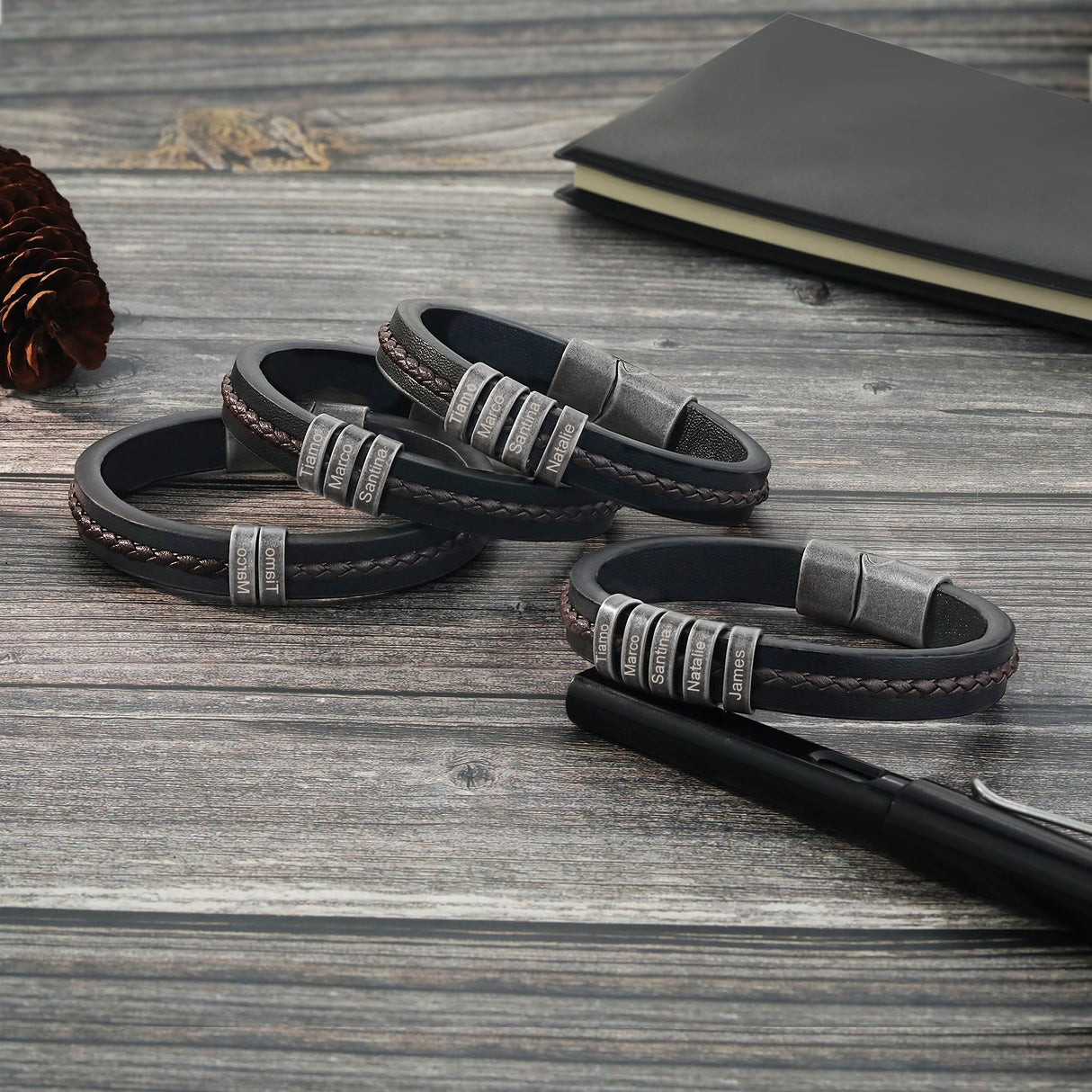 Personalized Custom Name Bracelets for Men - Mens Leather Bracelet with 2-5 Kids Names Customized Gifts for Dad Husband Son (2 names)