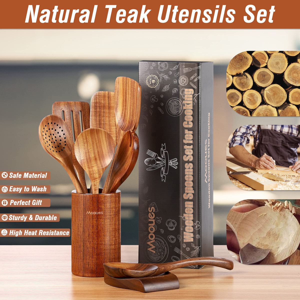 Mooues Wooden Kitchen Utensil Set, 9 Piece Natural Teak with Spoon Rest