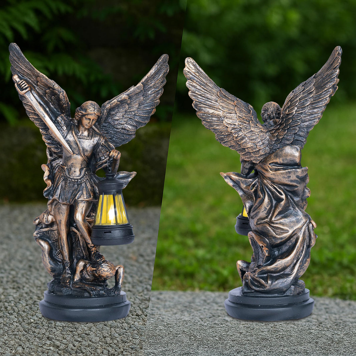 Dlfghos St Michael The Archangel Solar Outdoor Garden Decor Statues–12 in Miguel Arcangel Statue Solar Outdoor Sculptures for Outside Yard Patio Balcony Front Lawn Decor