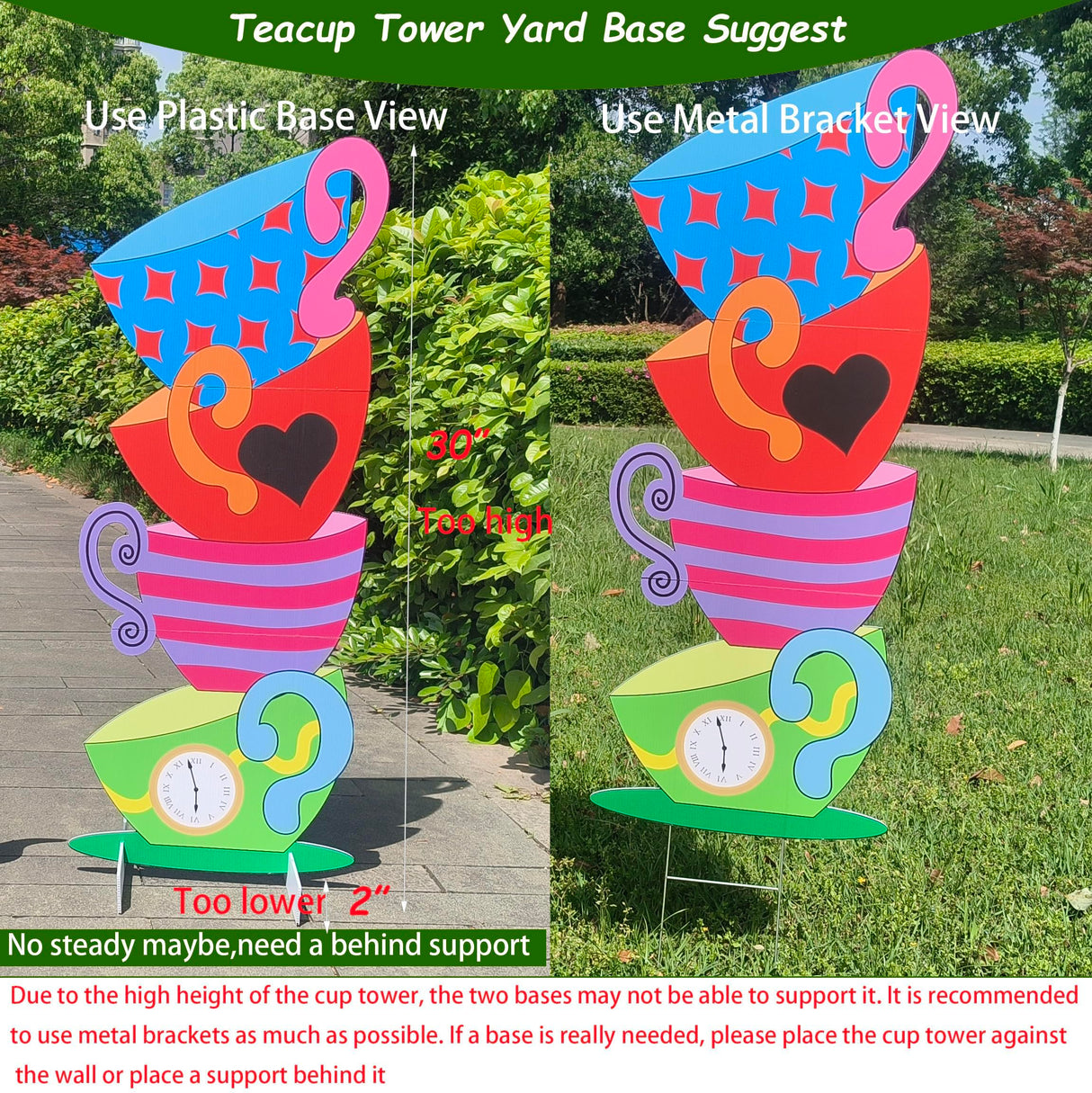 2 Pcs Giant Alice Party Decorations Props Sets Wonderland Yard Signs Decor Mad HatterTea Party Decoration Alice Themed Trick or Treat Stacked TeacupsTeapot with Stakes Stand Indoor Outdoor