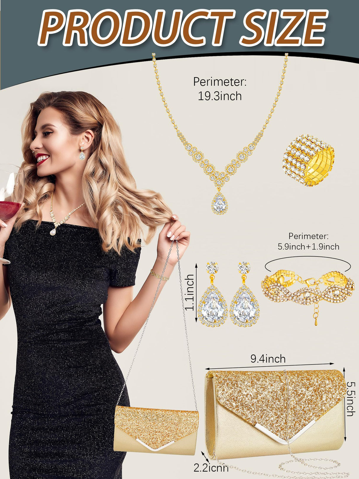 Henoyso 5 Pcs Rhinestone Jewelry Sets Prom Purse for Women, Gold